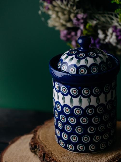 Pojemnik z przykrywką Pawie Oczko z Listkiem na drewnie