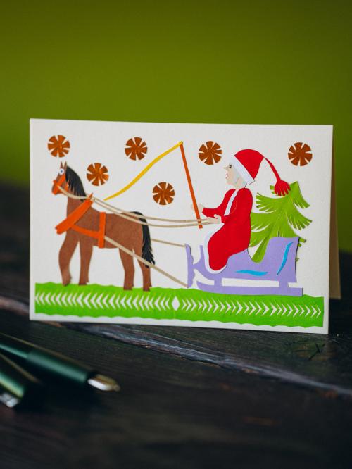 kartka wycinanka świąteczna na drewnie