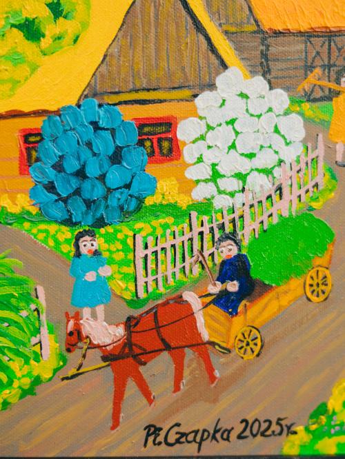 obraz olejny sianokosy zbliżenie na wóz