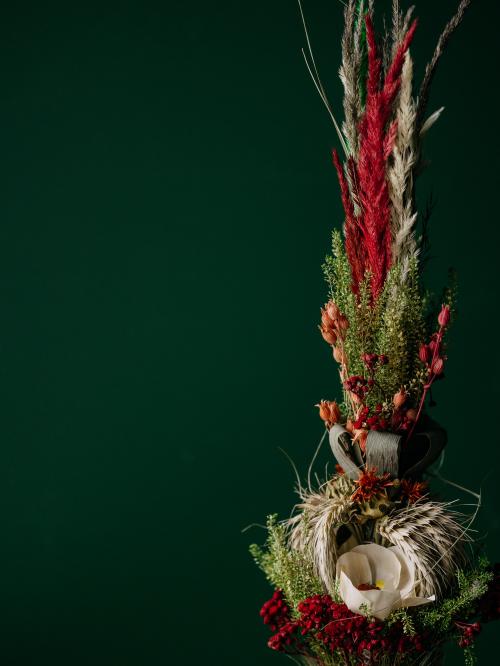 Palemka z suszonych składników na tle zielonej ściany.