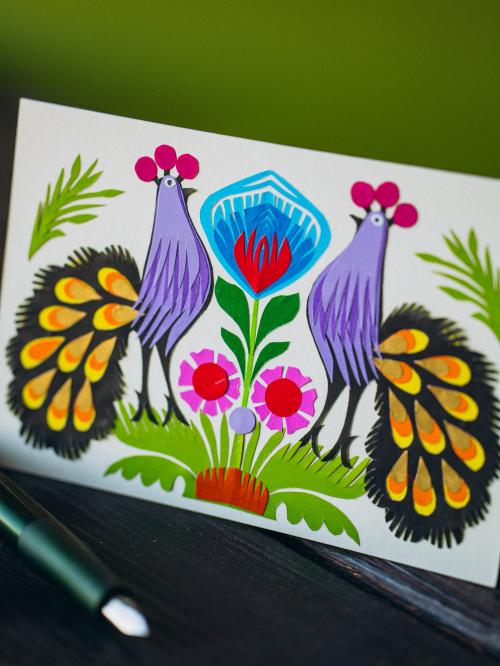 kartka wycinanka dwa fioletowe pawie