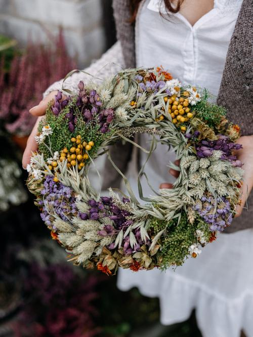 suszony wianek duży fiolet i biel