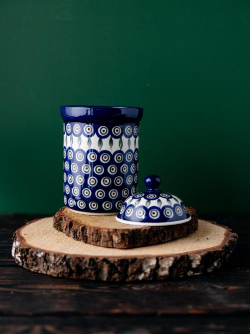 Pojemnik z przykrywką Pawie Oczko z Listkiem na zielonym tle