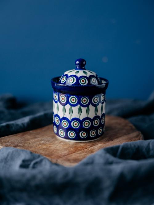 Pojemnik z przykrywką Pawie Oczko z Listkiem na niebieskim tle