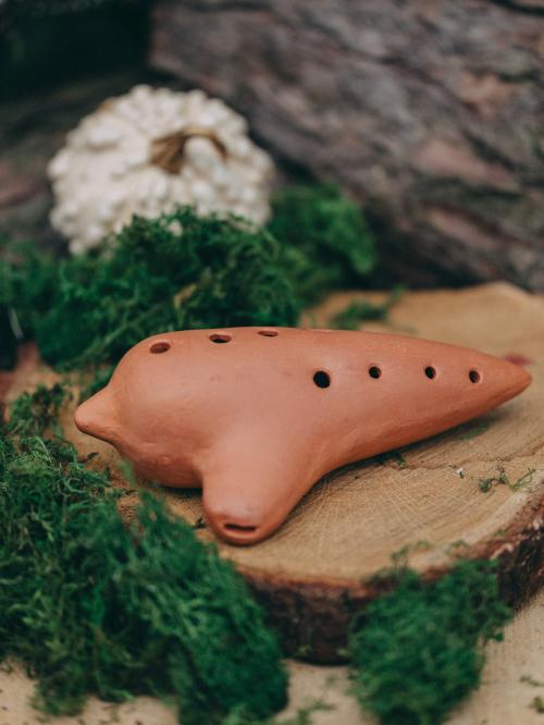 tradycyjny instrument ludowy okaryna na tle zieleni