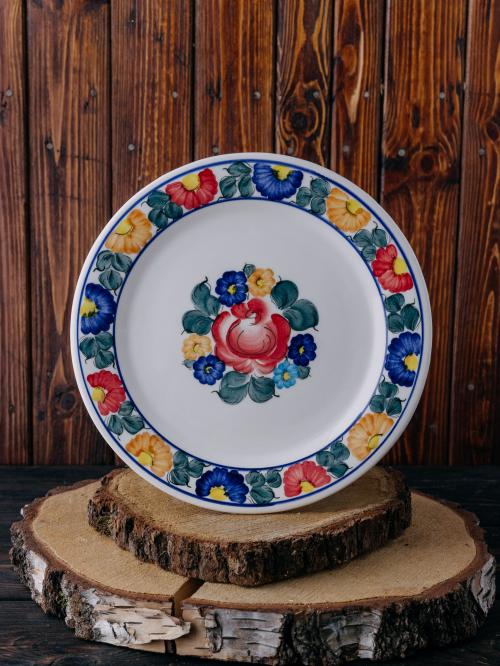 talerz płaski duży kolorowy wzór z fajansu włocławek