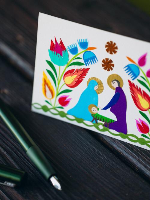 kartka wycinanka świąteczna przedstawiająca Dzieciątko, Maryję i Józefa