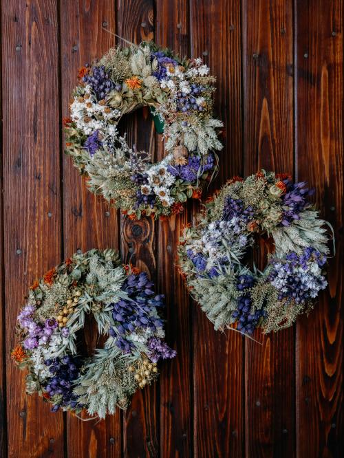 trzy suszone wianki okrągłe na tle brązu