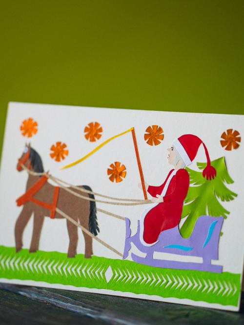 kartka wycinanka świąteczna mikołaj na saniach