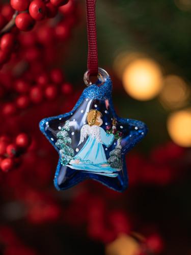 Bombka szklana niebieska mała - gwiazdka z aniołkiem