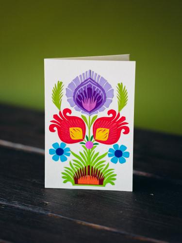 Kartka wycinanka -  kwiaty w czerwieni i fiolecie