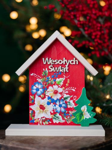 Domek Wesołych Świąt - czerwony w kwiaty
