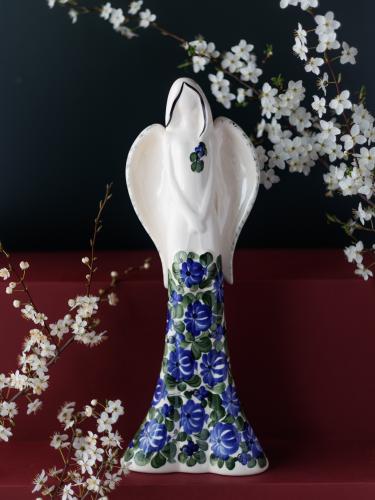 Anioł duży z kobaltowo-zielonym wzorem - fajans Włocławek