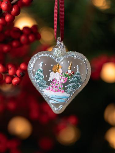 Bombka szklana biała matowa mała - serduszko z aniołkiem