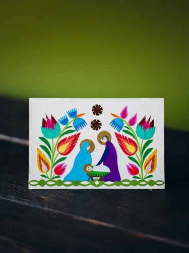 Kartka wycinanka świąteczna - Dzieciątko z rodzicami w kwiatach