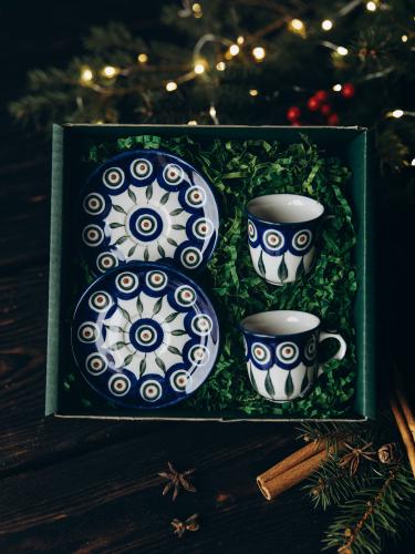 Zestaw dwóch filiżanek espresso ze spodkami Pawie Oczko z Listkiem - Ceramika Bolesławiec