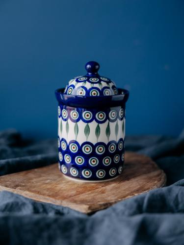 Pojemnik z przykrywką Pawie Oczko z Listkiem 20 cm - Ceramika Bolesławiec