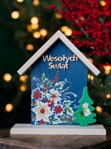 Domek Wesołych Świąt - granatowy w kwiaty