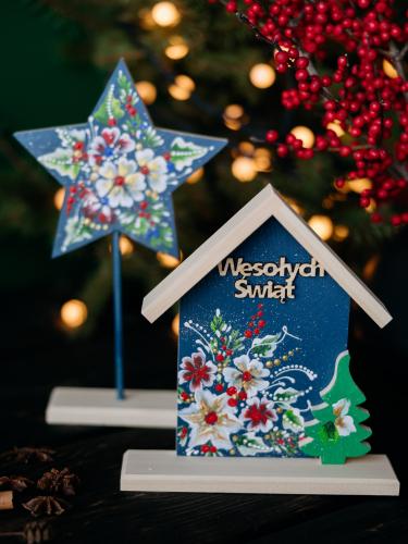 Zestaw świąteczny z domkiem i dużą gwiazdką - granatowy w kwiaty
