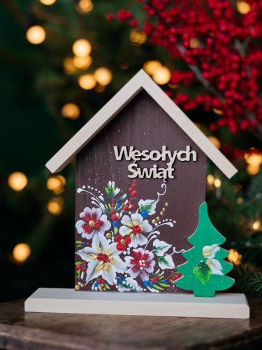 Domek Wesołych Świąt - brązowy w kwiaty