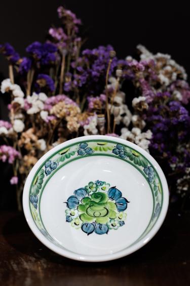 Miseczka  płaska z zielonym wzorem - Fajans Włocławek