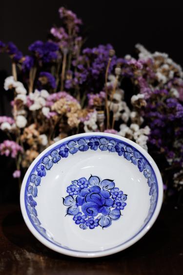 Miseczka płaska z kobaltowym wzorem - Fajans Włocławek