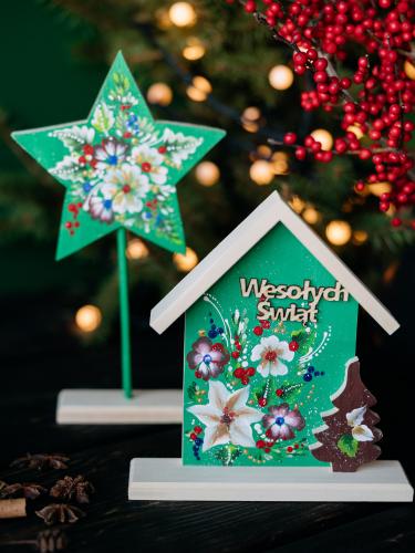 Zestaw świąteczny z domkiem i dużą gwiazdką - zielony w kwiaty