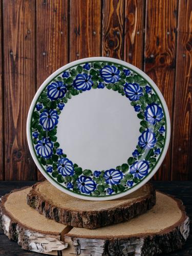 Talerz płaski duży z kobaltowo-zielonym wzorem - fajans Włocławek