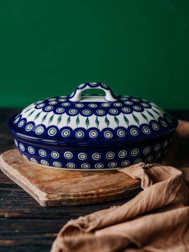 Naczynie do zapiekania z pokrywką Pawie Oczko z Listkiem  - Ceramika Bolesławiec