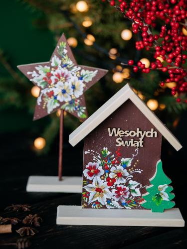 Zestaw świąteczny z domkiem i dużą gwiazdką - brązowy w kwiaty