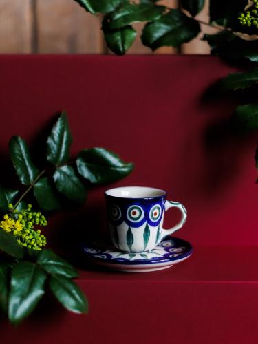 Filiżanka espresso z podstawkiem Pawie Oczko z Listkiem - ceramika Bolesławiec